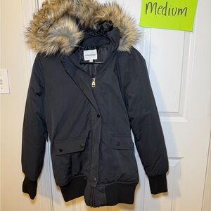 Women's Black Hooded Puffer Jacket with Fur Trim